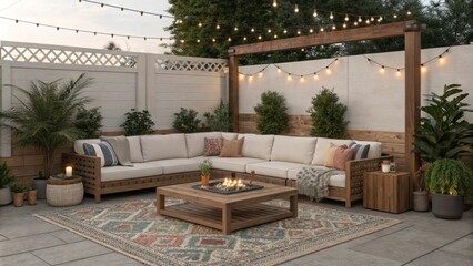 Comfortable outdoor living space with an l shaped sofa, fire pit table, string lights, and various plants, creating a warm and inviting atmosphere for relaxation and entertainment