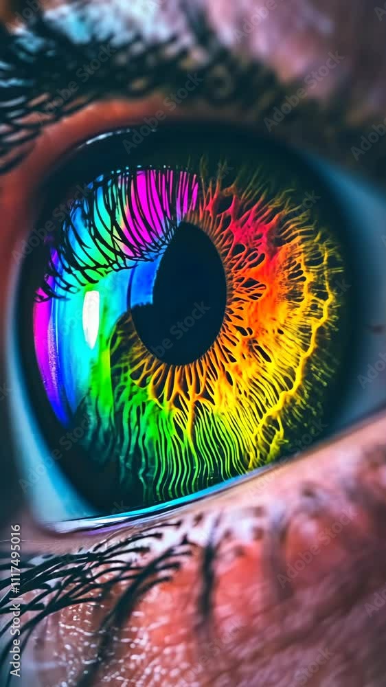Poster colorful eye reflecting vibrant patterns with intricate details captured in close-up view
