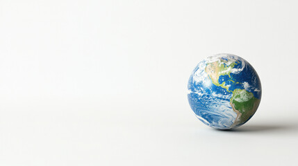 A vibrant blue and green Earth model set against a minimalistic white background, symbolizing global unity and environmental awareness.