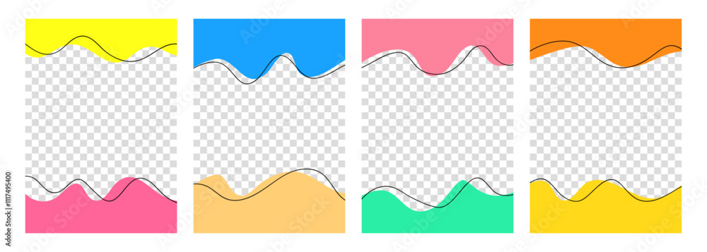 Poster set of graphic templates. bright colored various dynamic wavy shapes and black outlines for creative