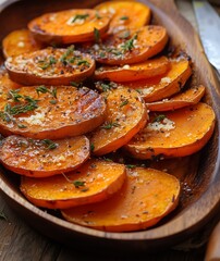 Roasted Sweet Potato Slices with Thyme and Parmesan: A close-up shot of a rustic wooden platter piled high with roasted sweet potato slices, seasoned with fresh thyme and grated Parmesan cheese.