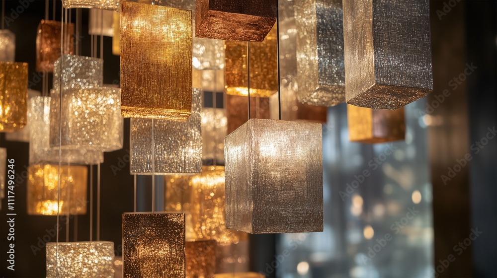 Poster a light fixture with many different colored cubes hanging from it