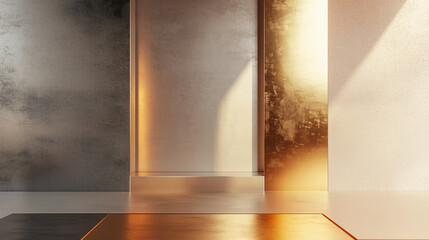 A gold and silver wall with a silver door