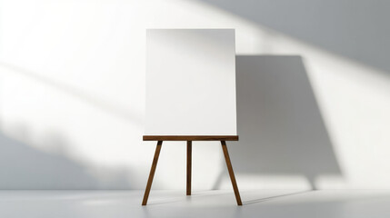 A blank canvas on a wooden easel casting a shadow in a sunlit studio, creating an inviting atmosphere for creativity and artistic expression.