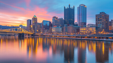 Fototapeta premium A city skyline with a bridge in the foreground