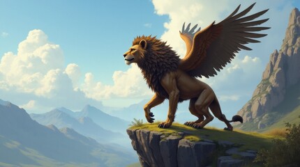 Majestic Chimera: Lion-Eagle Hybrid Perched on a Mountain Cliff