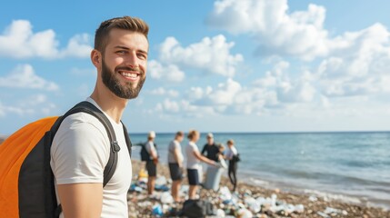 A cheerful man smiles while collecting litter on a beach, surrounded by others participating in a community cleanup