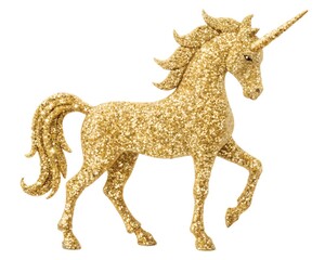 A glittering golden unicorn captivates with its shining presence, dancing elegantly in a surreal world where dreams and imagination collide, evoking a sense of enchantment
