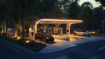Obraz premium a public charging hub powered by solar energy, advanced photovoltaic systems, compact layouts, glowing LED accents, and clean designs