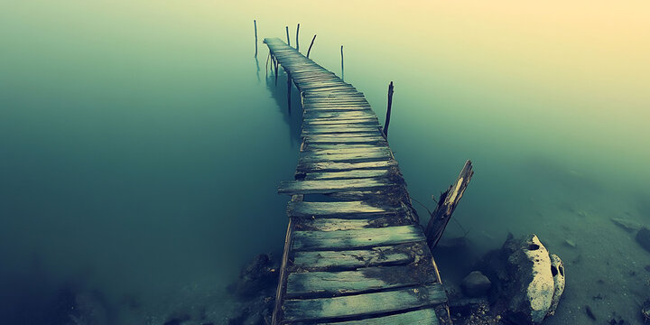 Fototapeta Solitary wooden pier disappearing into a vast open ocean at sunrise with the sky painted in shades of gold and orange and the water calm gently lapping at the piers edge
