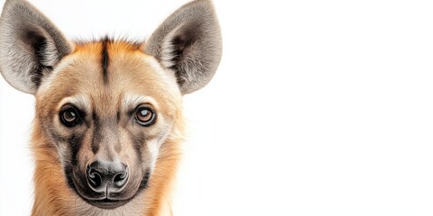 Studio photo of a hyena isolated against a white background. Wildlife and conservation concept, space for copy.