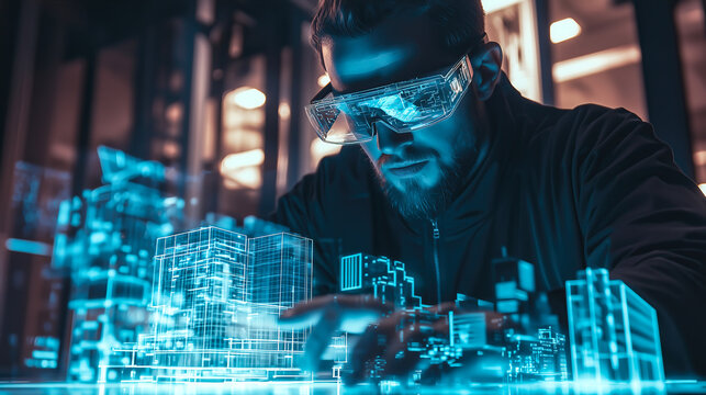 An architect brings architectural designs to life with 3D holographic construction models. The concept of innovation in architecture and futuristic design. Generative Ai. 