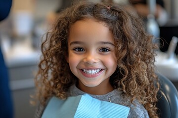 A young child in a dentist's chair giving a big smile. Generative AI