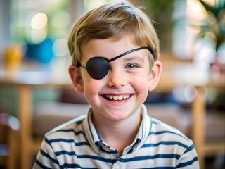 A cheerful young boy with a playful grin wears a black eye patch. Sunlight filters through the windows, creating a warm and inviting atmosphere in the background