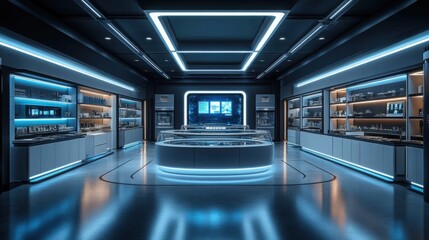 Obraz premium Modern Interior of a High-Tech Retail Store Featuring Sleek Displays, Ambient Lighting, and Futuristic Design Elements for Innovative Shopping Experiences