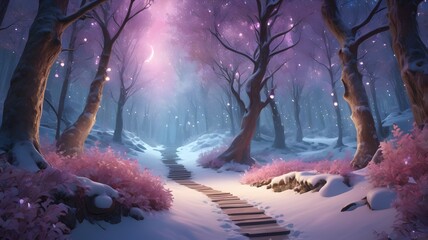 Mystical Winter Forest at Night with Fairy Lights