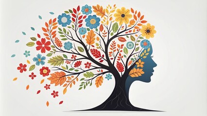 Profile View Floral Tree Composition, Colorful Autumn Leaves and Flowers, Woman's Face Concept, Vector Illustration Abstract art, Nature art, Digital art