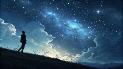 Person Gazing at Starry Night Hillside Silhouette, Night Sky Composition, Milky Way Galaxy, Dreamscape. Night sky, Milky Way, landscape