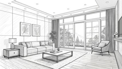 Perspective Sketch Living Room with Mountain View, Sofa, Armchair, Pencil Drawing, Interior Design Concept Interior Design, Sketch, Living Room
