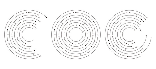 Circuit radial board line microchip, software. Integrated motherboard, connections. Innovative Electronic Network. Technology background, design elements Round shape consisting of dots and lines