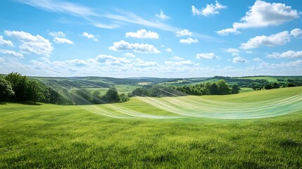 Fototapeta premium Verdant Horizon Adventures, Lush Green Landscape Under Bright Blue Sky