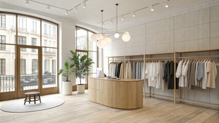 Minimalist Clothing Boutique Interior Design Wooden Reception, Neutral Color Palette, Natural Light, Oak Flooring. Boutique Interior, Retail Space, Showroom Design