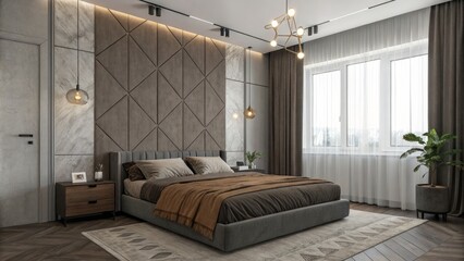 Modern Bedroom Interior Design Grey Upholstered Bed, Geometric Wall Paneling, Neutral Color Palette, Modern Lighting Bedroom Design, Interior Design, 3D Rendering