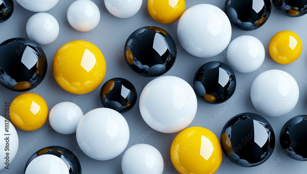Poster 3d rendering of various black, white and yellow spheres arranged in an abstract composition on a gra