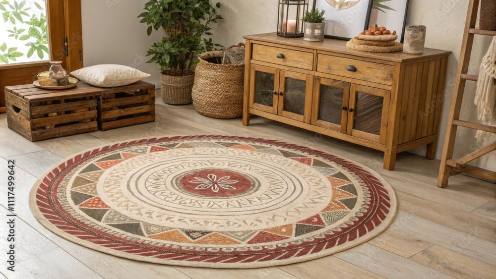 Poster each decorative rug features a unique pattern layering textures and colors that harmoniously blend c
