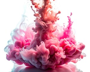 An enchanting display of swirling pink and white ink forms a dynamic cloud, captivating the viewer with its soft yet vibrant movement and captivating colors