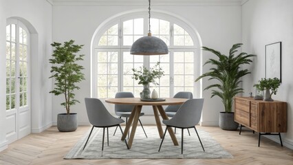 Fototapeta premium Interior Design Perspective Modern Dining Room with Arch Window, Wooden Table and Gray Chairs, Minimalist Decor, Natural Light Dining Room Decor, Interior Design, Minimalist Style