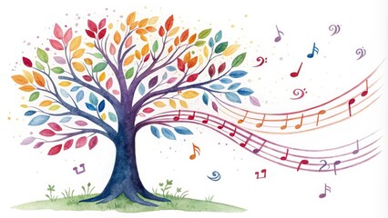 Obraz premium Harmony Tree Watercolor Composition, Rainbow Leaves and Musical Notes, Abstract Art Watercolor painting, musical art, rainbow tree