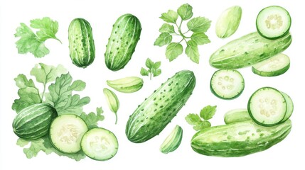 Watercolor Illustration of Fresh Cucumbers and Herbs