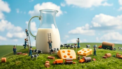 Miniature Farmers Working Around A Large Milk Jug