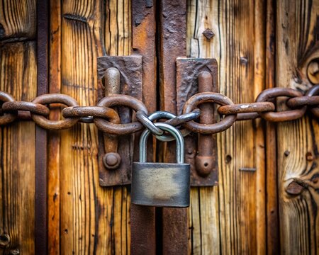This beautiful wooden door showcases its rich history through weathered textures, rusted chains, and a robust padlock, hinting at secrets kept within - Powered by Adobe
