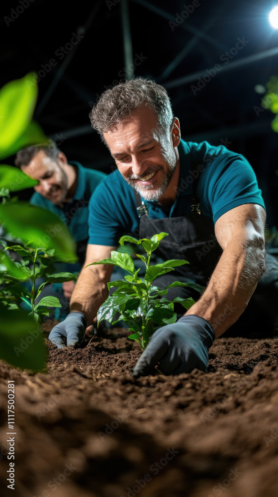 Wall mural Two men gardening together, planting seedlings with joy