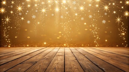 Golden Festive Wooden Floor Stars, Snowflakes, Bokeh Background, Christmas, New Year Christmas, Holiday, Background