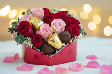 Valentine's Day gift, flowers with candy, chocolate in a heart-shaped box