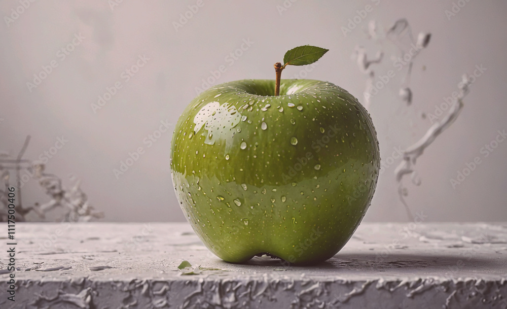 Poster green apple with a stem on top. it is wet. the apple is sitting on a table