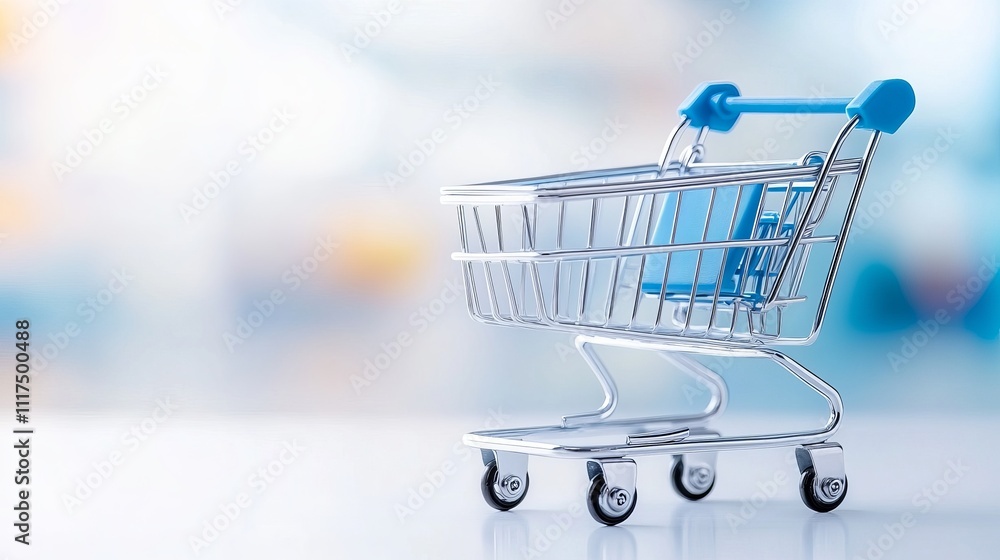 Poster empty 3d shopping cart model with blue handles on soft background