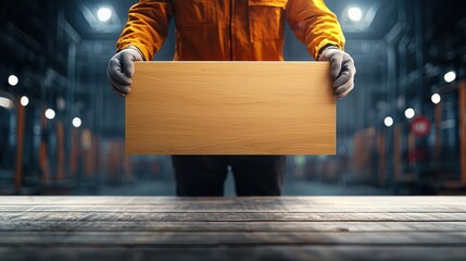 A man is holding a wooden sign in a warehouse