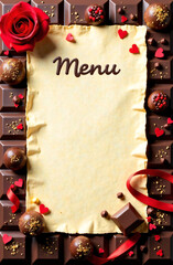 Menu card surrounded by assorted chocolates and decorative elements for a sweet celebration