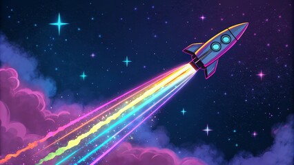 Fototapeta premium Cosmic Rocket Launch Digital Painting, Neon Rainbow Trail, Starry Night, Space Travel, Rocket, Nebula Space art, digital illustration