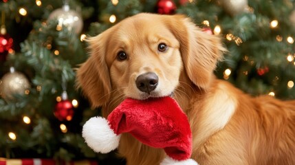 A golden retriever holds a Christmas hat in its mouth, posing in front of a festive tree.