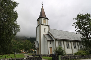 View of the Hjorundfjord Church, Saebo, Norway   