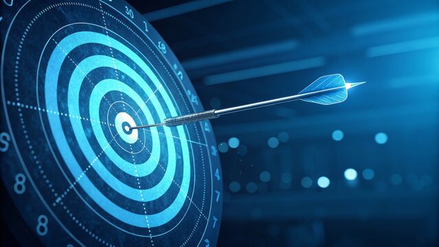 Bullseye Achieved Digital Dartboard Composition, Glowing Blue Arrow, Target Concept Target Marketing, Digital Strategy, Business Goals