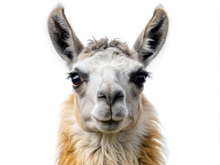 Fototapeta premium A llama stands prominently, its expressive eyes capturing attention as it gazes curiously. The striking colors of its fur enhance its adorable features, making it a captivating sight