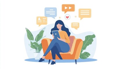Obraz premium Woman Relaxing on Sofa Using Tablet, Social Media Communication