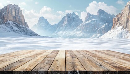 Snowy mountain landscape with a wooden platform in the foreground.