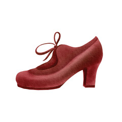 Classic women's shoe in red leather and velvet with a stable heel and laces for rhythmic tango or flamenco dancing. Watercolor illustration hand-painted on a transparent background
